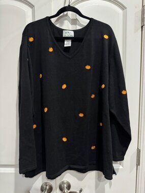 Quacker Factory Black V-Neck Long Sleeve Halloween Pumpkin Embroidered Sweater 3